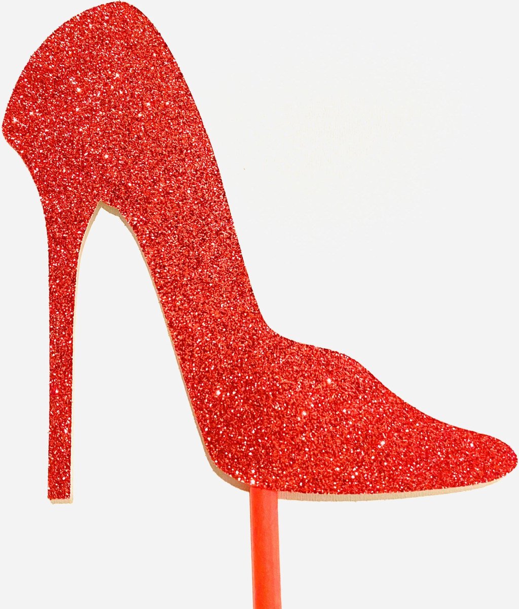 Taarttopper | Cake topper | Taartversiering I Hoge pump| Rood glitter | karton | 12 cm